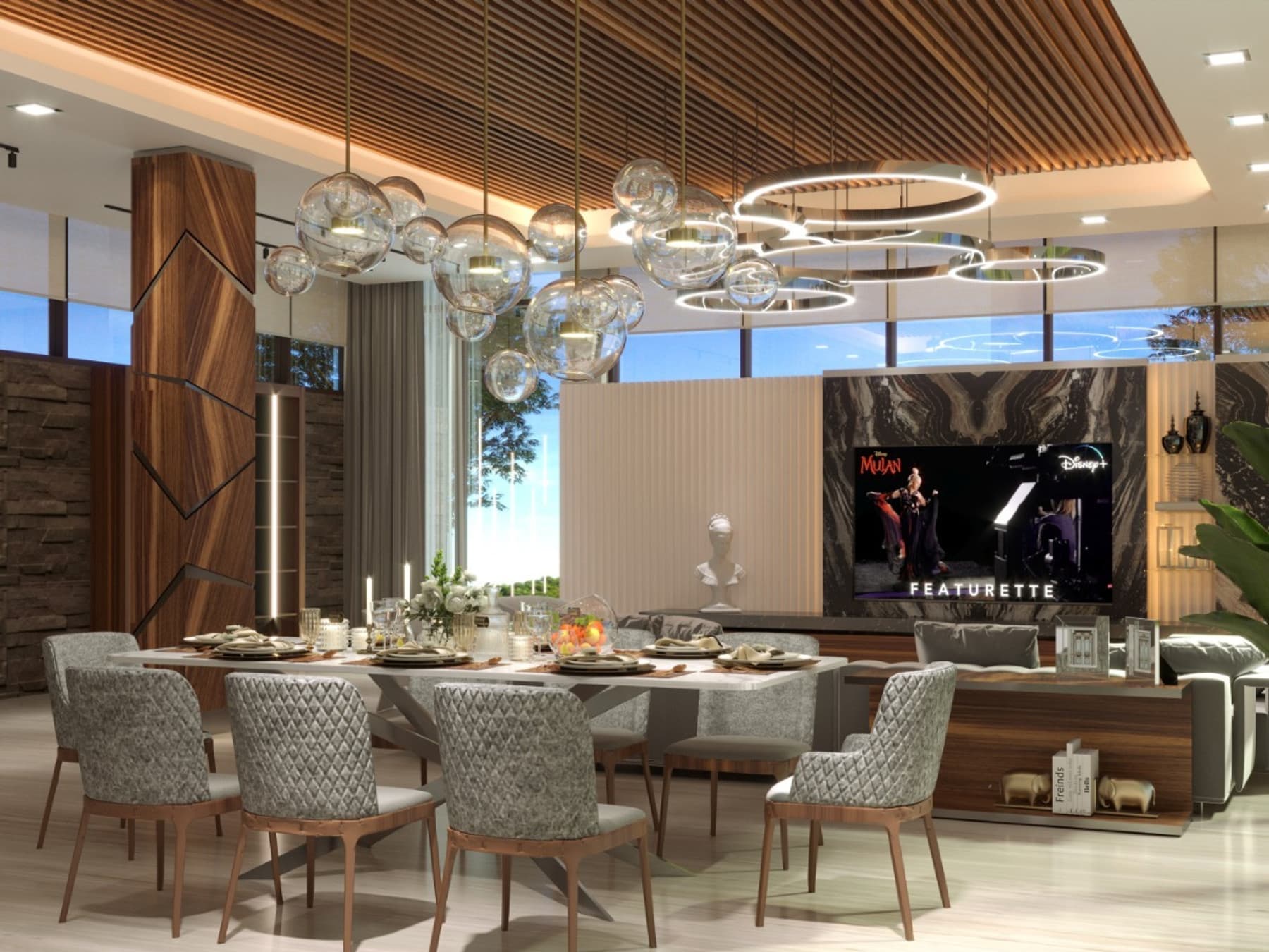 Formal dining room beneath a walnut slat ceiling with globe pendants and a media wall