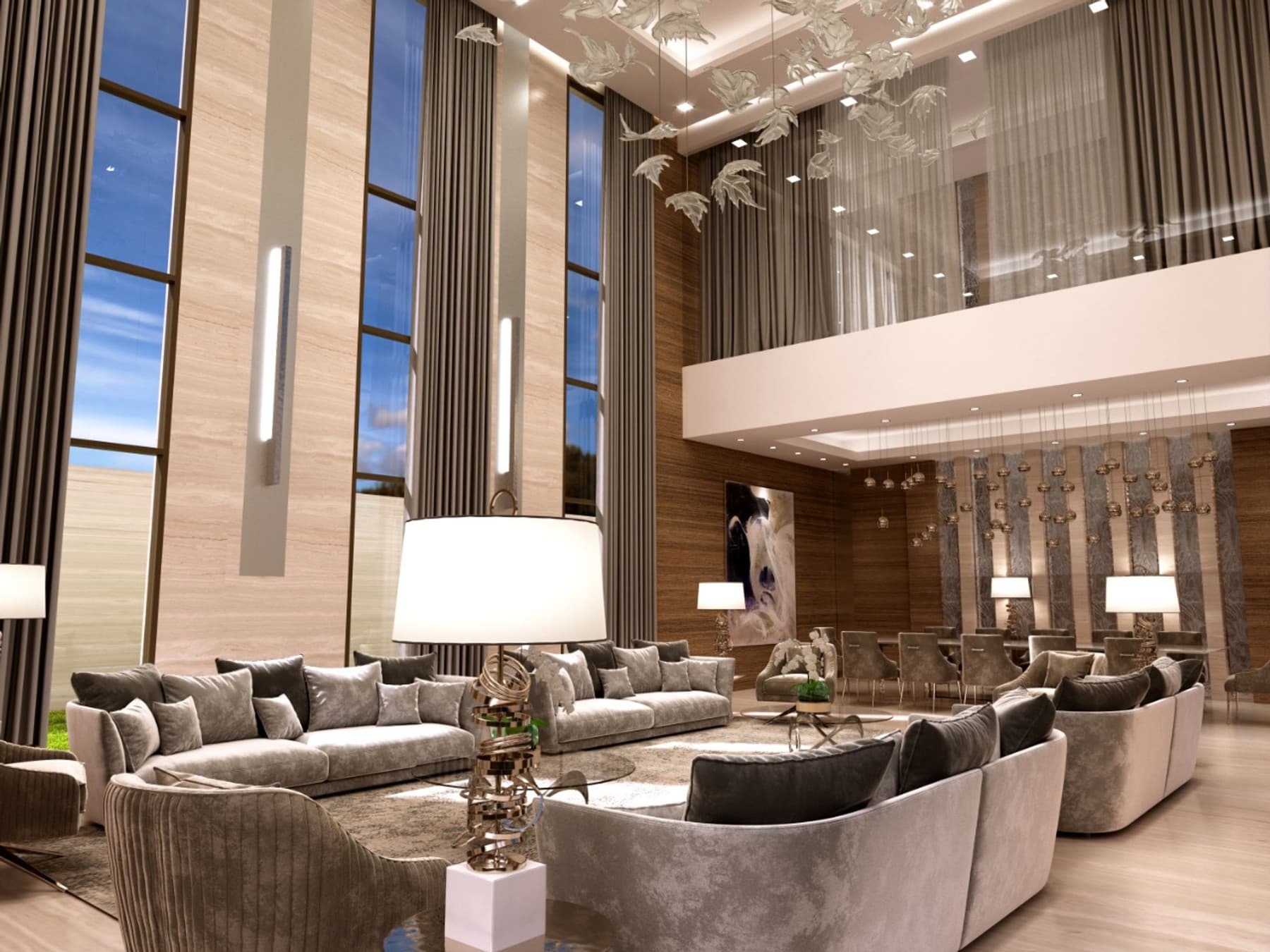 Double-height majlis with travertine walls, deep sofas and a sculptural pendant installation