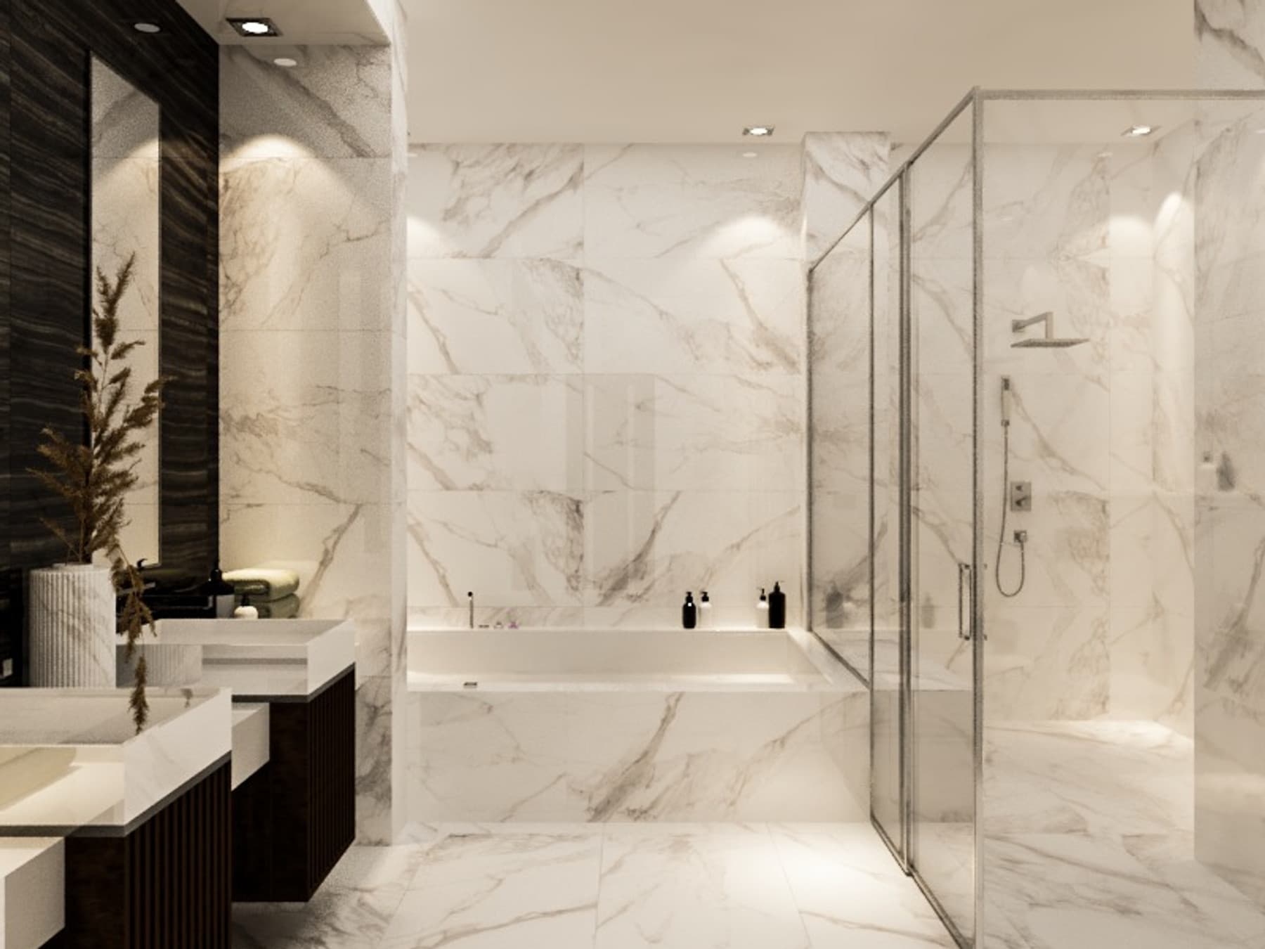 Master bathroom finished in book-matched marble with a glazed shower