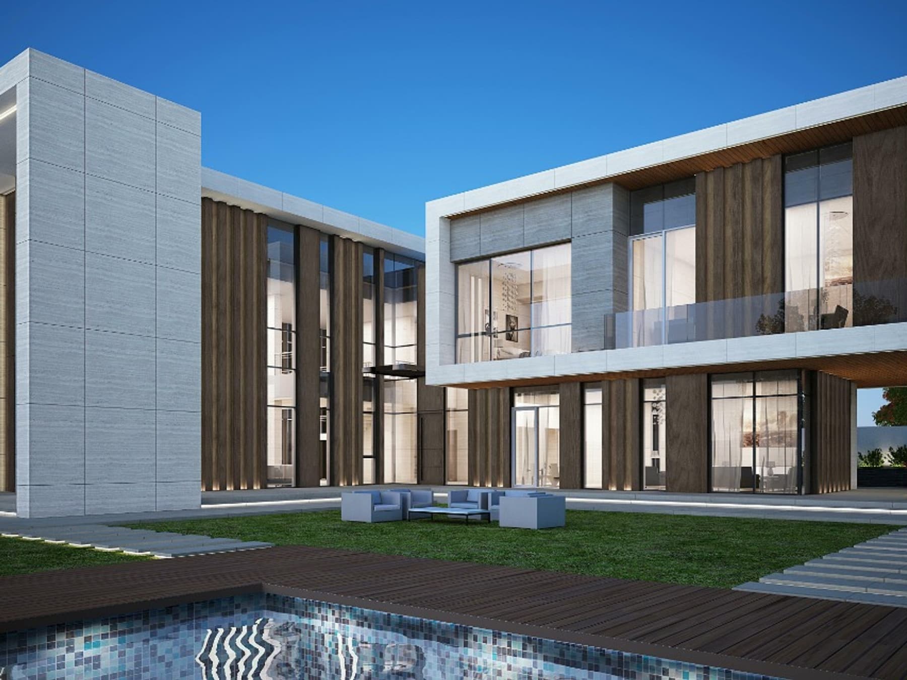 Contemporary UAE villa in travertine and timber with a courtyard pool